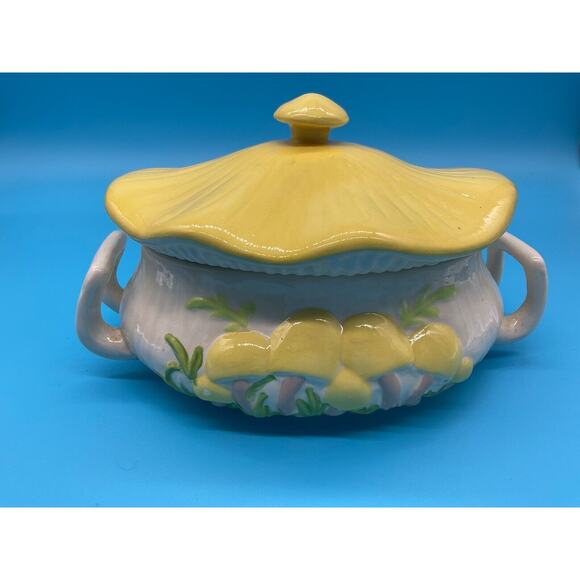 Arnels Mid-Century Yellow Ceramic Soup Tureen Floral Design with Lid 9" Long - Picture 2 of 10